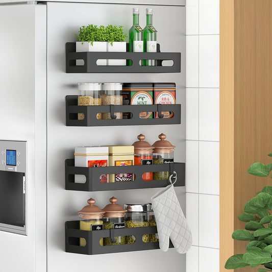Magnetic Spice Rack for Refrigerator, Magnetic Shelf for Refrigerator, 4 Pack Moveable Magnetic Fridge Organizer with 4 Hooks and 2 Hanging Cups for Kitchen Organization, Black ABS Material