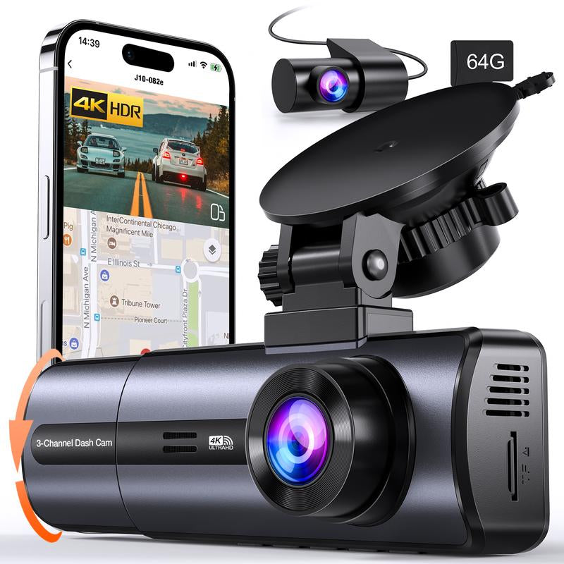 3 Channel 4K Dash Cam with 5Ghz Wifi & APP Control, 4K/2.5K+1080P+1080P Front inside and Rear, Triple Dashcam with 64GB Card, G-Sensor, 24 Hours Parking Mode, Loop Recording, Night Vision Monitor Camera,Car Gift for Dad