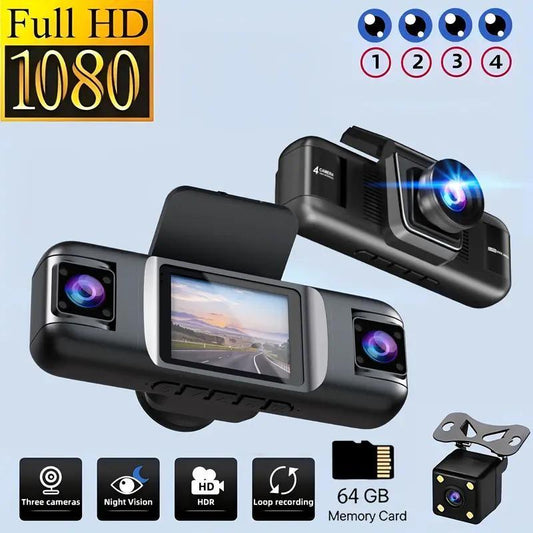 4 Lens HD Dash Cam with 64GB High-Speed Memory Card, 1 Count 1080P Full HD Car DVR with Gravity Sensor, Auto Loop Recording, Ideal for Car Travel Security