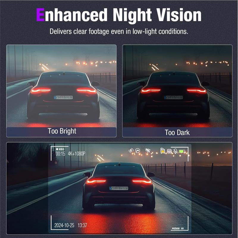 3 Channel 4K Dash Cam with 5Ghz Wifi & APP Control, 4K/2.5K+1080P+1080P Front inside and Rear, Triple Dashcam with 64GB Card, G-Sensor, 24 Hours Parking Mode, Loop Recording, Night Vision Monitor Camera,Car Gift for Dad