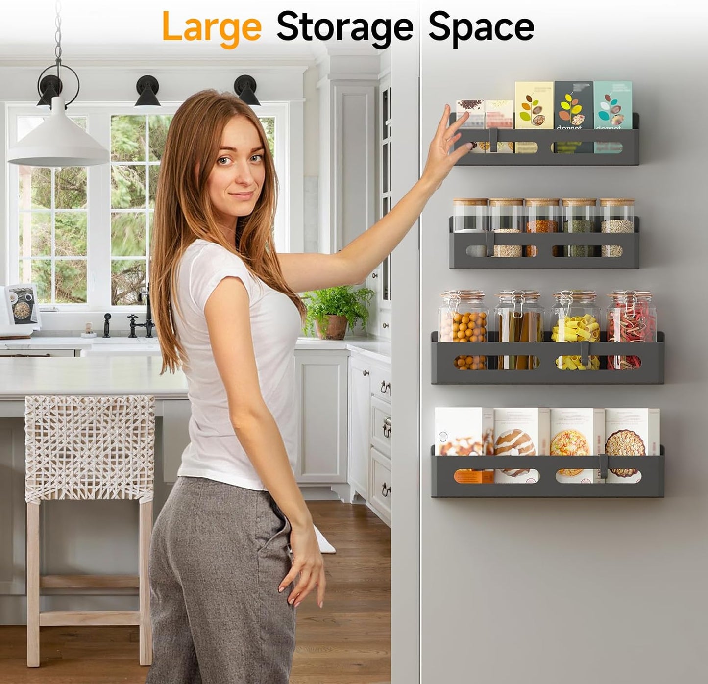 Magnetic Spice Rack for Refrigerator, Magnetic Shelf for Refrigerator, 4 Pack Moveable Magnetic Fridge Organizer with 4 Hooks and 2 Hanging Cups for Kitchen Organization, Black ABS Material