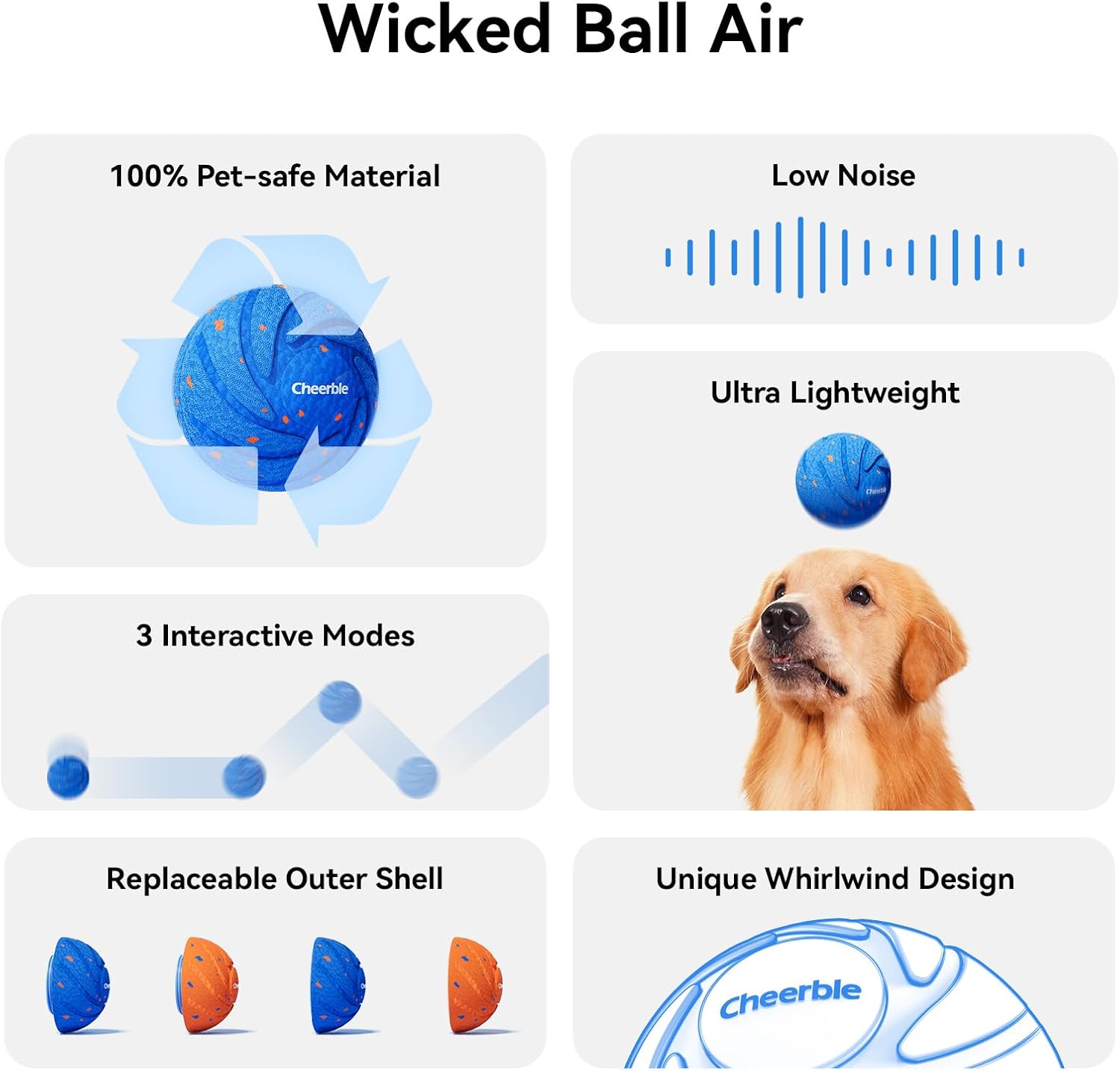 Interactive Dog Ball Toy - Wicked Ball AIR, Automatic Bouncing, Moving, Rotating Dog Toy, Active Rolling Balls for Medium & Large Dogs, E-TPU Material, IPX7 Waterproof, Rechargeable - Blue