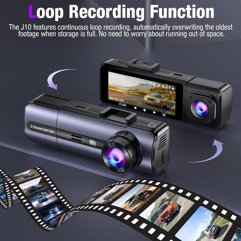 3 Channel 4K Dash Cam with 5Ghz Wifi & APP Control, 4K/2.5K+1080P+1080P Front inside and Rear, Triple Dashcam with 64GB Card, G-Sensor, 24 Hours Parking Mode, Loop Recording, Night Vision Monitor Camera,Car Gift for Dad