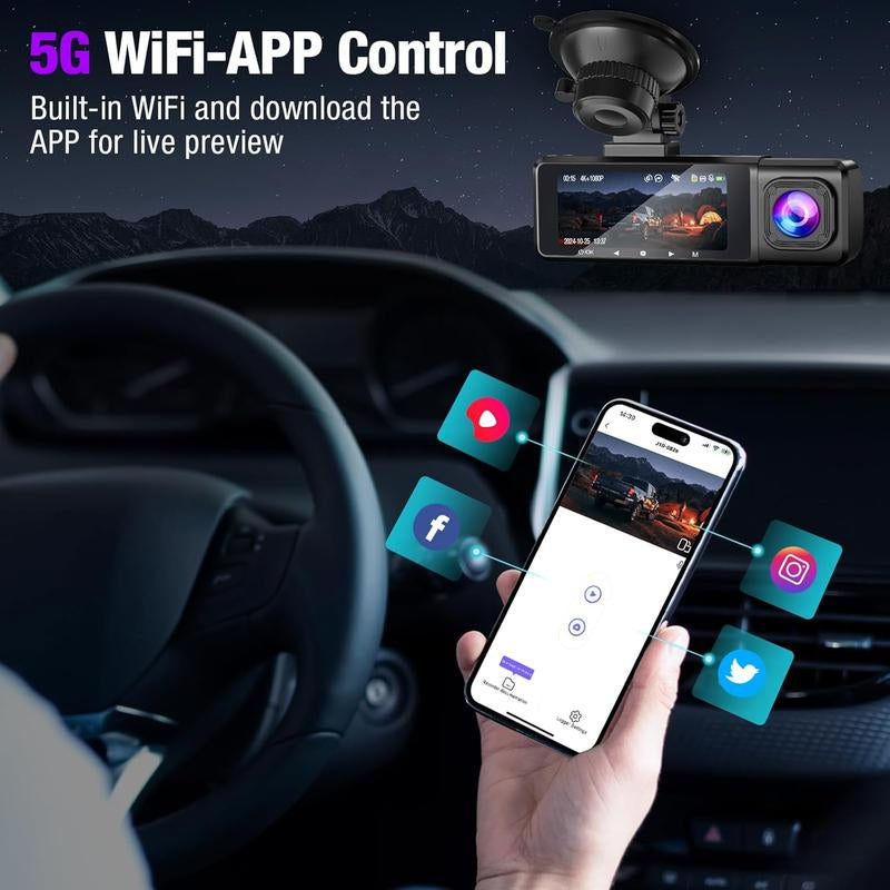 3 Channel 4K Dash Cam with 5Ghz Wifi & APP Control, 4K/2.5K+1080P+1080P Front inside and Rear, Triple Dashcam with 64GB Card, G-Sensor, 24 Hours Parking Mode, Loop Recording, Night Vision Monitor Camera,Car Gift for Dad