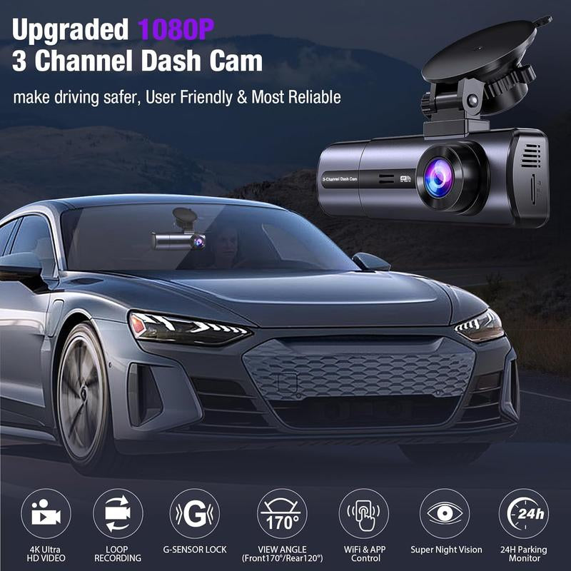 3 Channel 4K Dash Cam with 5Ghz Wifi & APP Control, 4K/2.5K+1080P+1080P Front inside and Rear, Triple Dashcam with 64GB Card, G-Sensor, 24 Hours Parking Mode, Loop Recording, Night Vision Monitor Camera,Car Gift for Dad