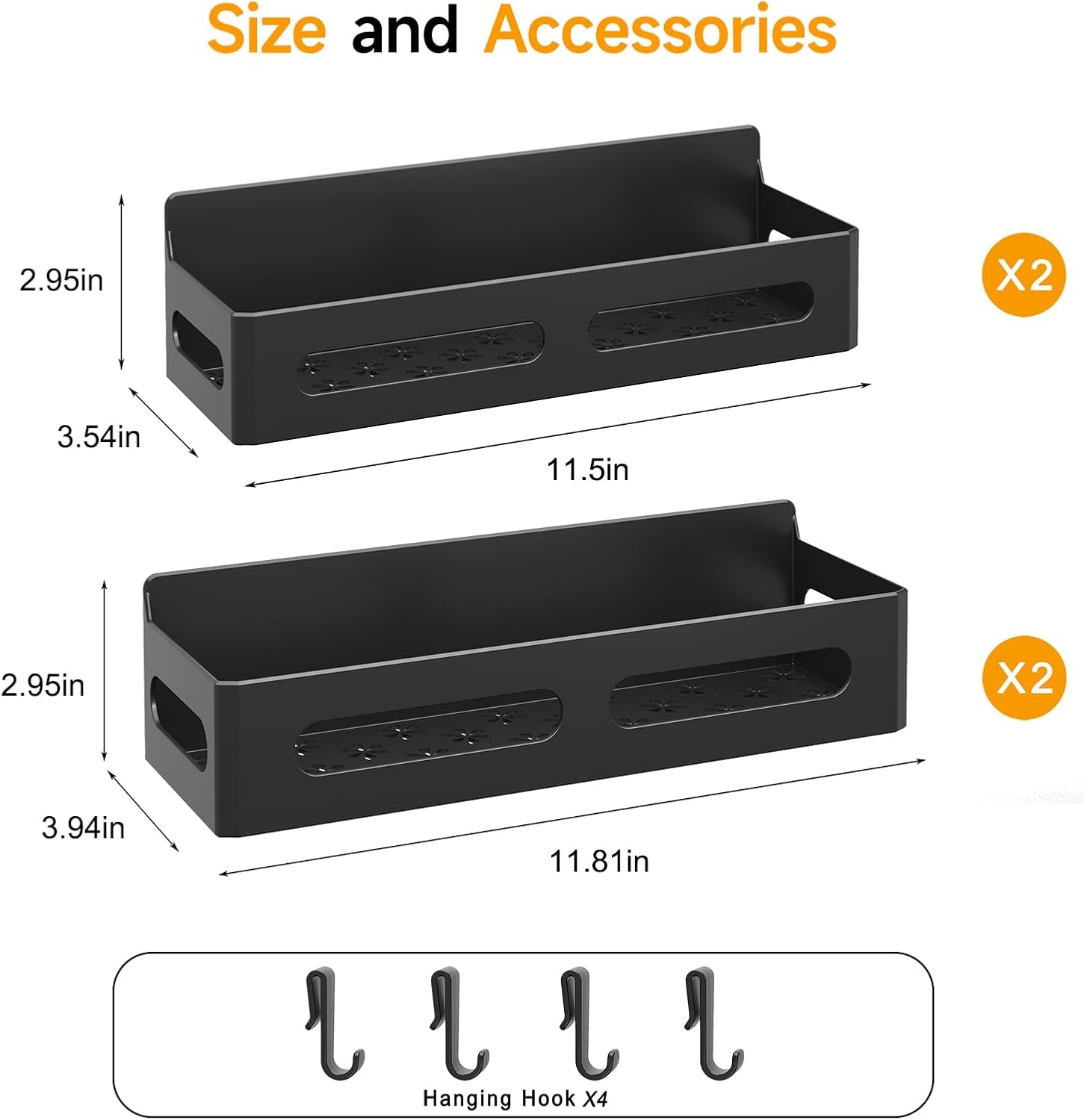Magnetic Spice Rack for Refrigerator, Magnetic Shelf for Refrigerator, 4 Pack Moveable Magnetic Fridge Organizer with 4 Hooks and 2 Hanging Cups for Kitchen Organization, Black ABS Material