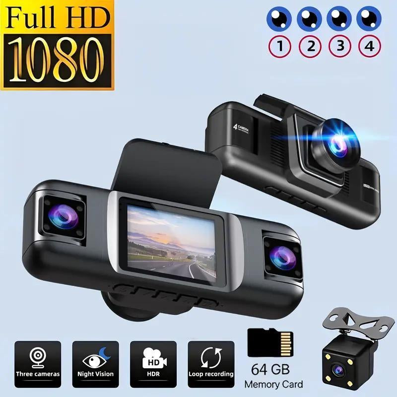 4 Lens HD Dash Cam with 64GB High-Speed Memory Card, 1 Count 1080P Full HD Car DVR with Gravity Sensor, Auto Loop Recording, Ideal for Car Travel Security