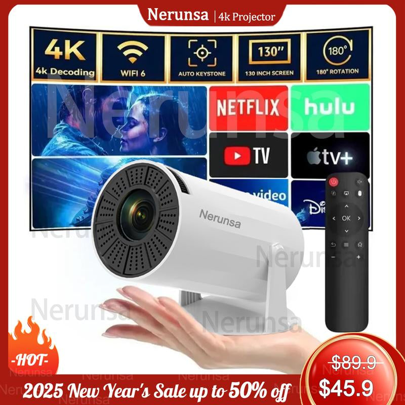 [Father'S Day] Nerunsa 2025 New Mini Projector, Portable 4K 1080P Full HD, Smart 5G Wifi 6 BT 5.0, Auto Level Correction, 180° Rotatable Outdoor Projector for Mobile Phone/Tv Stick/Laptop.