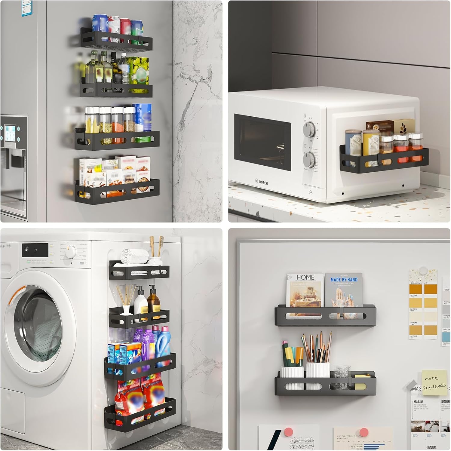 Magnetic Spice Rack for Refrigerator, Magnetic Shelf for Refrigerator, 4 Pack Moveable Magnetic Fridge Organizer with 4 Hooks and 2 Hanging Cups for Kitchen Organization, Black ABS Material