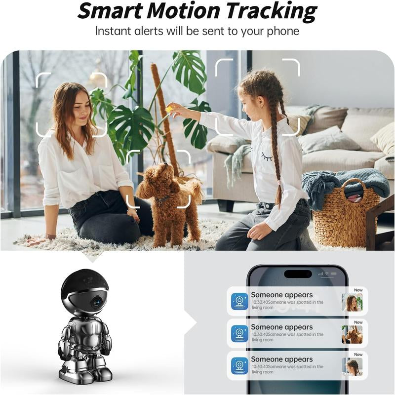 Silver Robot Smart Camera for Indoor Security with 10M Motion Detection HD, Auto Body Tracking, Night Vision, and Mobile Remote Access