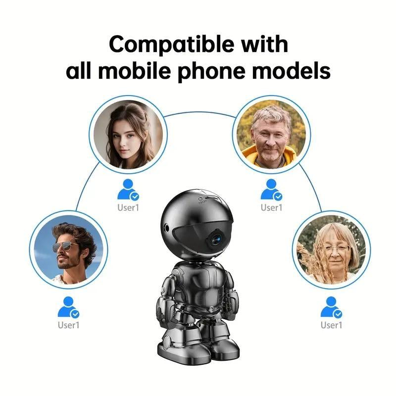 Silver Robot Smart Camera for Indoor Security with 10M Motion Detection HD, Auto Body Tracking, Night Vision, and Mobile Remote Access